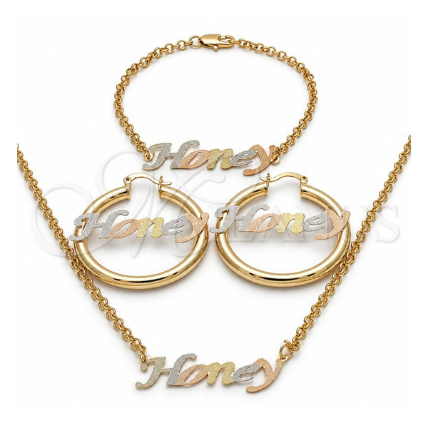 Oro Laminado Necklace, Bracelet and Earring, Gold Filled Style Polished, Tricolor, 06.63.0250.1