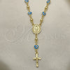 Oro Laminado Medium Rosary, Gold Filled Style Virgen Maria and Crucifix Design, Azul claro Enamel Finish, Golden Finish, 09.213.0015.18