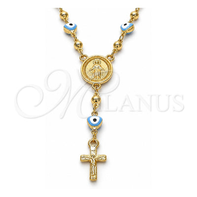 Oro Laminado Medium Rosary, Gold Filled Style Virgen Maria and Crucifix Design, Azul claro Enamel Finish, Golden Finish, 09.213.0015.18