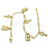 Oro Laminado Charm Anklet , Gold Filled Style Lock and key Design, Polished, Golden Finish, 03.63.2021.10 (04 MM Thickness, 10 Inches Length)