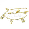 Oro Laminado Charm Anklet , Gold Filled Style Lock and key Design, Polished, Golden Finish, 03.63.2021.10 (04 MM Thickness, 10 Inches Length)