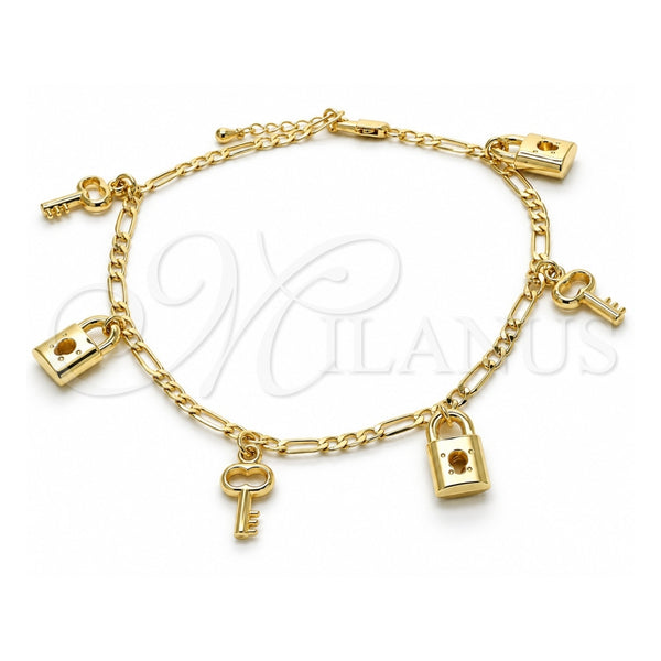 Oro Laminado Charm Anklet , Gold Filled Style Lock and key Design, Polished, Golden Finish, 03.63.2021.10 (04 MM Thickness, 10 Inches Length)