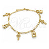 Oro Laminado Charm Anklet , Gold Filled Style Lock and key Design, Polished, Golden Finish, 03.63.2021.10 (04 MM Thickness, 10 Inches Length)