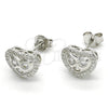 Sterling Silver Stud Earring, Heart Design, with White Cubic Zirconia and White Micro Pave, Polished, Rhodium Finish, 02.285.0087