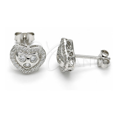 Sterling Silver Stud Earring, Heart Design, with White Cubic Zirconia and White Micro Pave, Polished, Rhodium Finish, 02.285.0087
