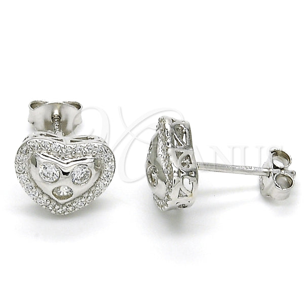 Sterling Silver Stud Earring, Heart Design, with White Cubic Zirconia and White Micro Pave, Polished, Rhodium Finish, 02.285.0087