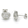 Sterling Silver Stud Earring, Heart Design, with White Cubic Zirconia and White Micro Pave, Polished, Rhodium Finish, 02.285.0087
