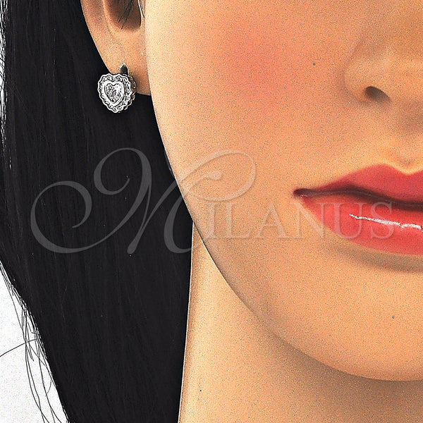 Sterling Silver Stud Earring, Heart Design, with White Cubic Zirconia and White Micro Pave, Polished, Rhodium Finish, 02.285.0092