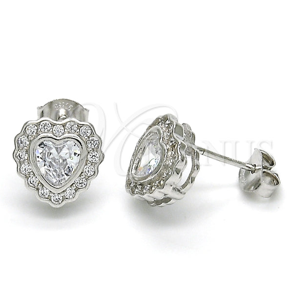 Sterling Silver Stud Earring, Heart Design, with White Cubic Zirconia and White Micro Pave, Polished, Rhodium Finish, 02.285.0092