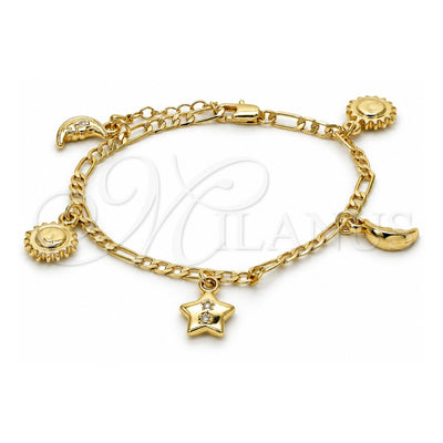 Oro Laminado Charm Bracelet, Gold Filled Style Sun and Star Design, Polished, Golden Finish, 03.63.2022.08 (04 MM Thickness, 8 Inches Length)