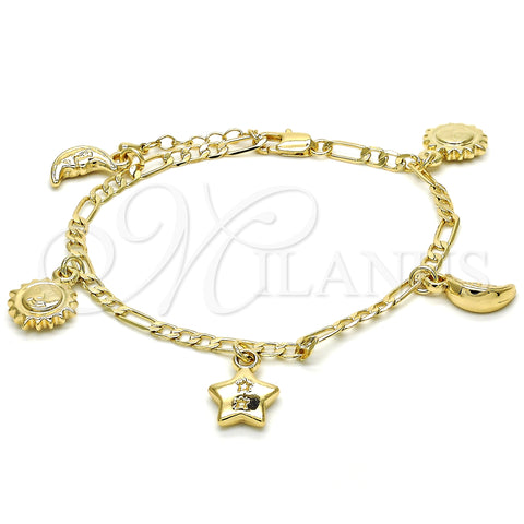Oro Laminado Charm Bracelet, Gold Filled Style Sun and Star Design, Polished, Golden Finish, 03.63.2022.08 (04 MM Thickness, 8 Inches Length)