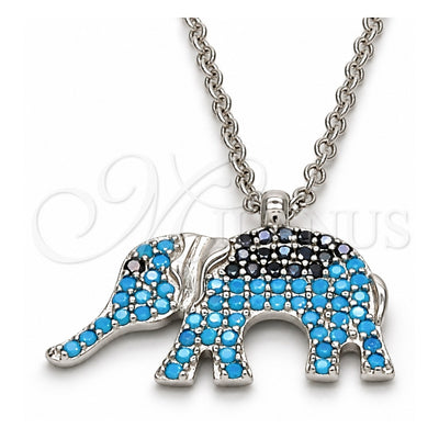 Sterling Silver Pendant Necklace, Elephant Design, with Black and Turquoise Micro Pave, Polished, Rhodium Finish, 04.336.0067.16 (02 MM Thickness, 16 Inches Length)