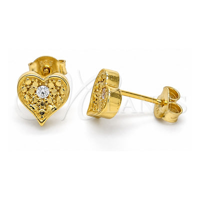 Sterling Silver Stud Earring, Heart Design, with White Cubic Zirconia, Polished, Golden Finish, 02.186.0134