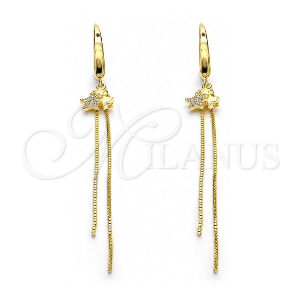 Sterling Silver Long Earring, Star Design, with White Micro Pave, Polished, Golden Finish, 02.186.0163