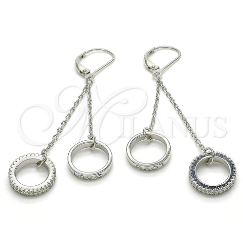 Sterling Silver Long Earring, Love Design, with White Micro Pave, Polished, Rhodium Finish, 02.186.0166.1