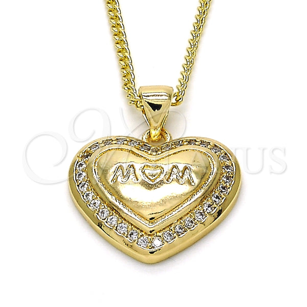 Oro Laminado Pendant Necklace, Gold Filled Style Mom and Heart Design, with White Micro Pave, Polished, Golden Finish, 04.156.0174.20 (02 MM Thickness, 20 Inches Length)