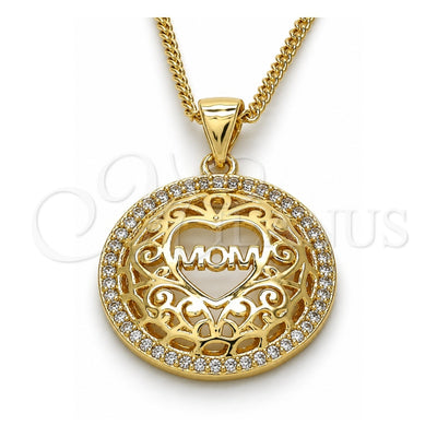 Oro Laminado Pendant Necklace, Gold Filled Style Mom and Heart Design, with White Micro Pave, Polished, Golden Finish, 04.156.0175.20 (02 MM Thickness, 20 Inches Length)