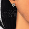 Oro Laminado Stud Earring, Gold Filled Style Heart and Bow Design, with White Micro Pave, Polished, Golden Finish, 02.156.0298