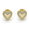 Oro Laminado Stud Earring, Gold Filled Style Heart and Bow Design, with White Micro Pave, Polished, Golden Finish, 02.156.0298