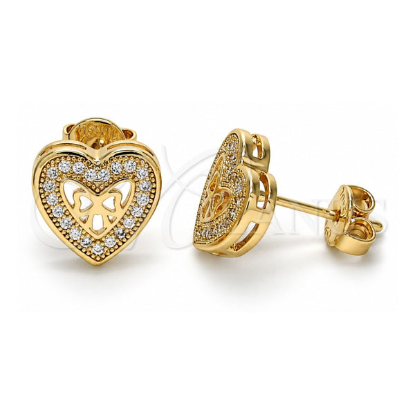 Oro Laminado Stud Earring, Gold Filled Style Heart and Bow Design, with White Micro Pave, Polished, Golden Finish, 02.156.0298