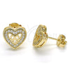 Oro Laminado Stud Earring, Gold Filled Style Heart and Bow Design, with White Micro Pave, Polished, Golden Finish, 02.156.0298