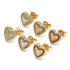 Oro Laminado Stud Earring, Gold Filled Style Heart and Bow Design, with White Micro Pave, Polished, Golden Finish, 02.156.0298