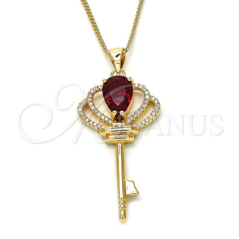 Oro Laminado Pendant Necklace, Gold Filled Style key Design, with Garnet Cubic Zirconia and White Micro Pave, Polished, Golden Finish, 04.156.0177.20 (02 MM Thickness, 20 Inches Length)