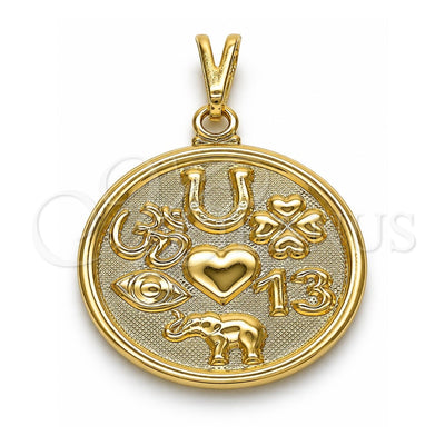 Oro Laminado Religious Pendant, Gold Filled Style Elephant and Evil Eye Design, Polished, Golden Finish, 05.09.0074