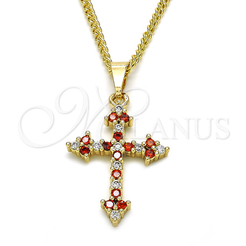 Oro Laminado Pendant Necklace, Gold Filled Style Cross Design, with Garnet and White Cubic Zirconia, Polished, Golden Finish, 04.284.0010.1.22 (02 MM Thickness, 22 Inches Length)