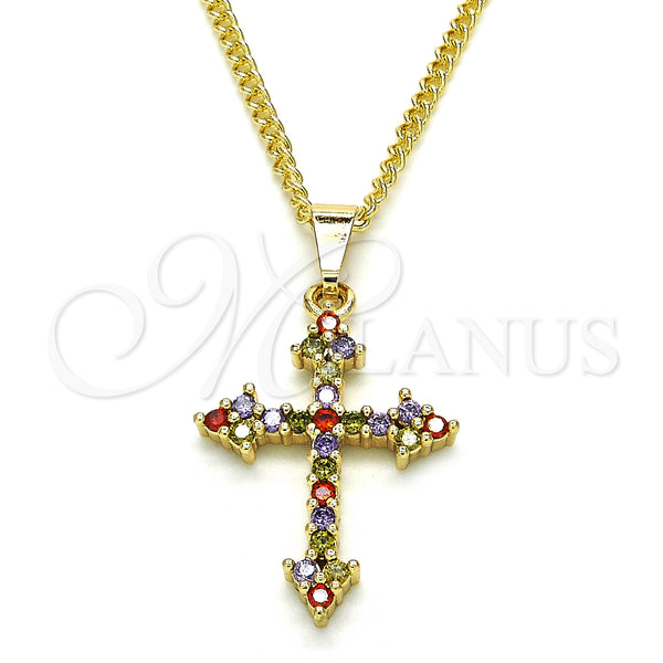 Oro Laminado Pendant Necklace, Gold Filled Style Cross Design, with Multicolor Cubic Zirconia, Polished, Golden Finish, 04.284.0010.3.22 (02 MM Thickness, 22 Inches Length)