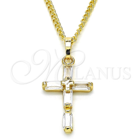 Oro Laminado Pendant Necklace, Gold Filled Style Cross and Baguette Design, with White Cubic Zirconia, Polished, Golden Finish, 04.284.0015.20 (02 MM Thickness, 20 Inches Length)