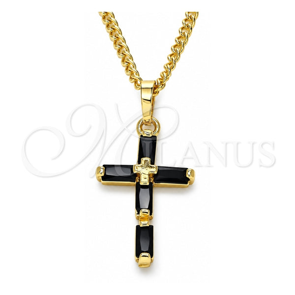 Oro Laminado Pendant Necklace, Gold Filled Style Cross and Baguette Design, with Black Cubic Zirconia, Polished, Golden Finish, 04.284.0015.2.22 (02 MM Thickness, 22 Inches Length)