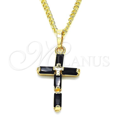 Oro Laminado Pendant Necklace, Gold Filled Style Cross and Baguette Design, with Black Cubic Zirconia, Polished, Golden Finish, 04.284.0015.2.22 (02 MM Thickness, 22 Inches Length)