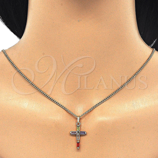 Gold Filled Necklace — Pendant Necklace Cross and Baguette Design with Multicolor — main product view — SKU 125484 | Oro Laminado collar — Pendant Necklace cruz and Baguette diseño with Multicolor — SKU 125484