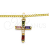 Oro Laminado Pendant Necklace, Gold Filled Style Cross and Baguette Design, with Multicolor Cubic Zirconia, Polished, Golden Finish, 04.284.0015.3.22 (02 MM Thickness, 22 Inches Length)