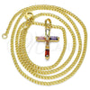 Oro Laminado Pendant Necklace, Gold Filled Style Cross and Baguette Design, with Multicolor Cubic Zirconia, Polished, Golden Finish, 04.284.0015.3.22 (02 MM Thickness, 22 Inches Length)