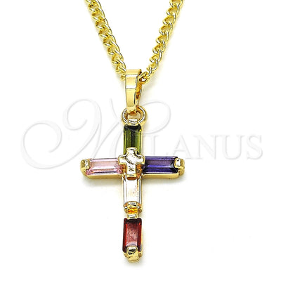 Oro Laminado Pendant Necklace, Gold Filled Style Cross and Baguette Design, with Multicolor Cubic Zirconia, Polished, Golden Finish, 04.284.0015.3.22 (02 MM Thickness, 22 Inches Length)