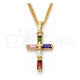 Oro Laminado Pendant Necklace, Gold Filled Style Cross and Baguette Design, with Multicolor Cubic Zirconia, Polished, Golden Finish, 04.284.0015.3.22 (02 MM Thickness, 22 Inches Length)