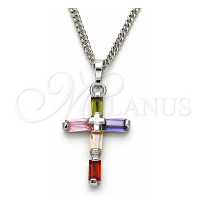 White Gold Filled Pendant Necklace, Cross Design, with Multicolor Cubic Zirconia, Polished, Rhodium Finish, 04.284.0015.7.22 (02 MM Thickness, 22 Inches Length)