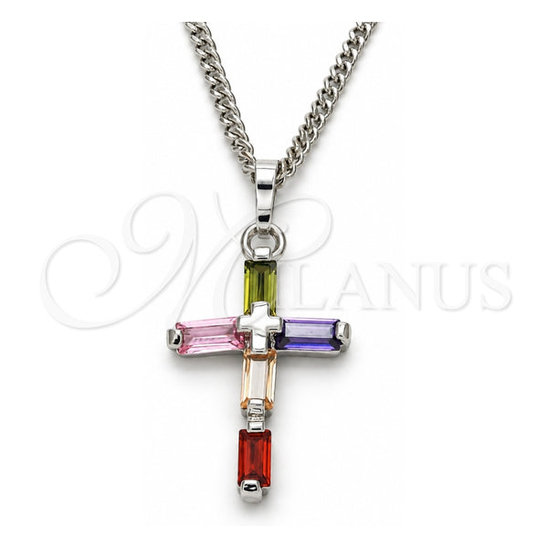 White Gold Filled Pendant Necklace, Cross Design, with Multicolor Cubic Zirconia, Polished, Rhodium Finish, 04.284.0015.7.22 (02 MM Thickness, 22 Inches Length)