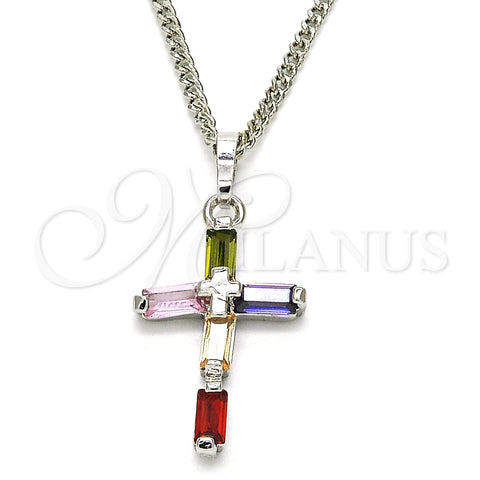 Rhodium Plated Pendant Necklace, Cross Design, with Multicolor Cubic Zirconia, Polished, Rhodium Finish, 04.284.0015.7.22 (02 MM Thickness, 22 Inches Length)