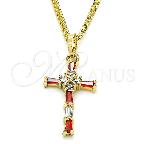 Oro Laminado Pendant Necklace, Gold Filled Style Cross and Baguette Design, with Garnet and White Cubic Zirconia, Polished, Golden Finish, 04.284.0008.1.22 (02 MM Thickness, 22 Inches Length)