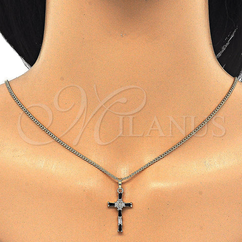 Oro Laminado Pendant Necklace, Gold Filled Style Cross and Baguette Design, with Black and White Cubic Zirconia, Polished, Golden Finish, 04.284.0008.2.22 (02 MM Thickness, 22 Inches Length)