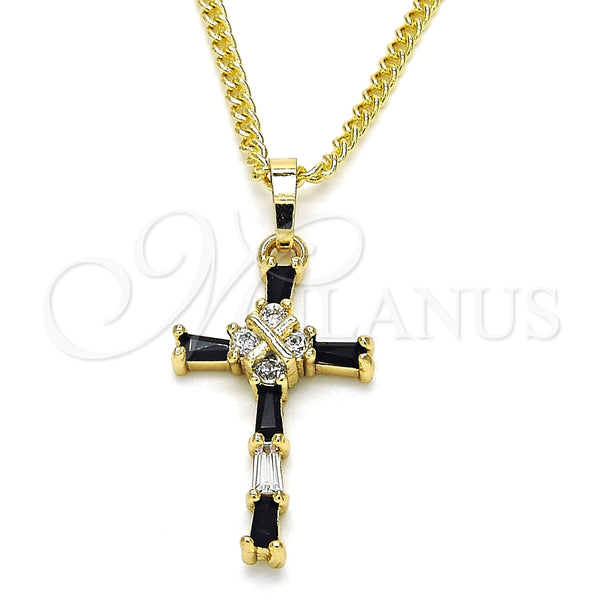 Oro Laminado Pendant Necklace, Gold Filled Style Cross and Baguette Design, with Black and White Cubic Zirconia, Polished, Golden Finish, 04.284.0008.2.22 (02 MM Thickness, 22 Inches Length)