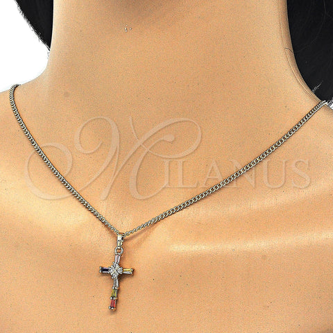 Oro Laminado Pendant Necklace, Gold Filled Style Cross and Baguette Design, with Multicolor Cubic Zirconia, Polished, Golden Finish, 04.284.0008.3.20 (02 MM Thickness, 20 Inches Length)