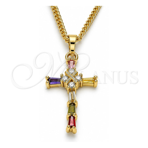 Oro Laminado Pendant Necklace, Gold Filled Style Cross and Baguette Design, with Multicolor Cubic Zirconia, Polished, Golden Finish, 04.284.0008.3.20 (02 MM Thickness, 20 Inches Length)