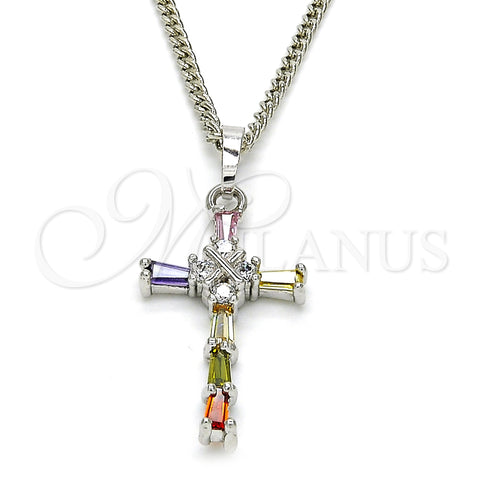 Rhodium Plated Pendant Necklace, Cross Design, with Multicolor Cubic Zirconia, Polished, Rhodium Finish, 04.284.0008.7.22 (02 MM Thickness, 22 Inches Length)