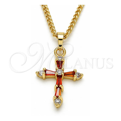 Oro Laminado Pendant Necklace, Gold Filled Style Cross and Baguette Design, with Garnet and White Cubic Zirconia, Polished, Golden Finish, 04.284.0009.1.22 (02 MM Thickness, 22 Inches Length)