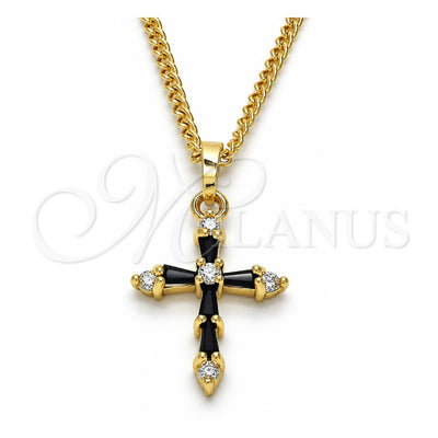 Oro Laminado Pendant Necklace, Gold Filled Style Cross and Baguette Design, with Black and White Cubic Zirconia, Polished, Golden Finish, 04.284.0009.2.20 (02 MM Thickness, 20 Inches Length)