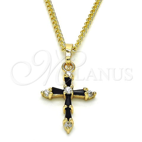 Oro Laminado Pendant Necklace, Gold Filled Style Cross and Baguette Design, with Black and White Cubic Zirconia, Polished, Golden Finish, 04.284.0009.2.20 (02 MM Thickness, 20 Inches Length)